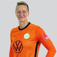 WOLFSBURG, GERMANY - AUGUST 23: Almuth Schult of VfL Wolfsburg Women's poses during the team presentation at AOK Stadion on August 23, 2021 in Wolfsburg, Germany. (Photo by Sebastian Widmann/Getty Images)